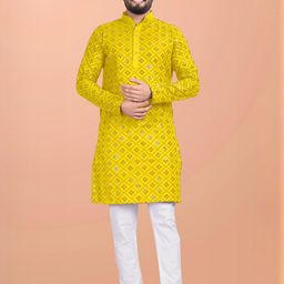 Shree Sundha Men Embroidered, Embellished Straight Kurta (Yellow)-picture-10