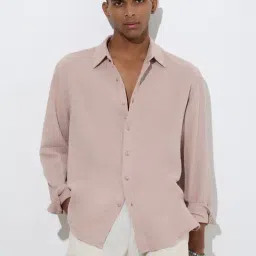 ETA by Westside Dusty Pink Crinkled-Textured Relaxed-Fit Cotton Shirt-picture-8