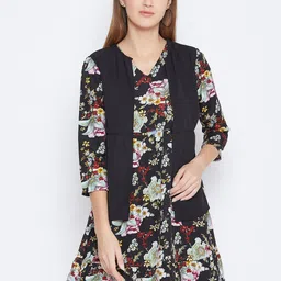 DODO & MOA Women Black & Green Floral Printed Layered A-Line Dress-picture-4