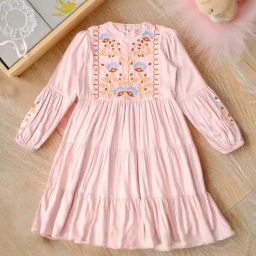 Bella Moda Girls Peach Cotton Three Fourth Sleeves Floral Embroidered Knee Lenght Dress-image-109