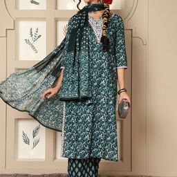 KIMAYRA Floral Printed Thread Work Pure Cotton Kurta with Palazzos & Dupatta-picture-5