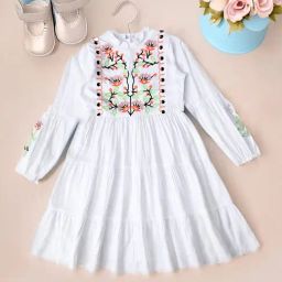 Bella Moda Girls White Cotton Three Fourth Sleeves Floral Embroidered Knee Lenght Dress-picture-37