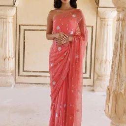 Geroo Jaipur Rose Pink Hand Embroidered Sequins-tube Jaal Chiffon Saree-image-57