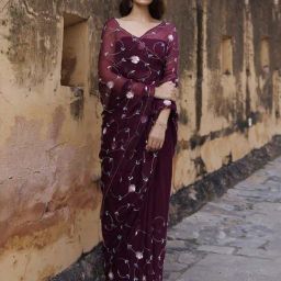 Geroo Jaipur Plum Hand Embroidered Sequins-tube Jaal Chiffon Saree-picture-32