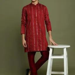 VASTRAMAY Boys Maroon Embroidery Full Sleeves Kurta Sets-image-87