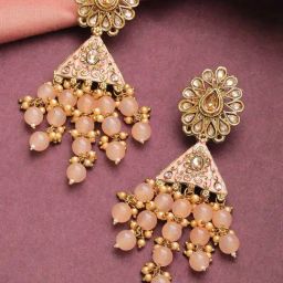 Priyaasi Floral Peach & Golden Dangler Earrings-15