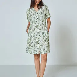 AND Women Tropical Printed Lapel Cllar A-Line Dress-picture-11