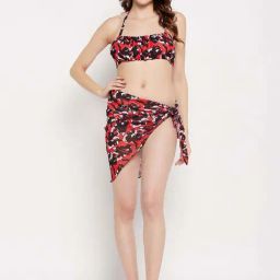 Secrets By ZeroKaata Red & Black Printed Bikini Set With Sarong-image-59