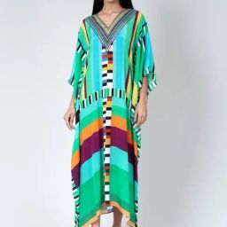 First Resort By Ramola Bachchan Blue & Green Geometric Mid Length Kaftan-image-42