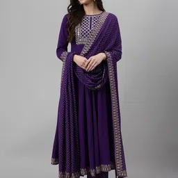 Rujave Floral Yoke Design Empire Sequinned Anarkali Kurta With Trouser & Dupatta-picture-5