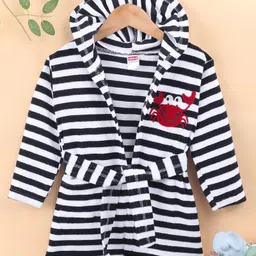 Babyhug Terry Knit  Full Sleeves Bath Robe With Hood and Crab Embroidery - Navy Blue & White-picture-24