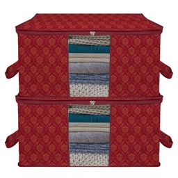 Kuber Industries Underbed Storage Bag  Clothes Storage Organizer  Clear Window Blanket Cover  Cloth Organizer with Handle  Golden Printed-Design  Large  Pack of 2  Maroon-17