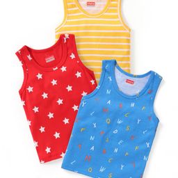 Babyhug 100% Cotton Knit Sleeveless Sando Stripes & Star Print Pack Of 3 - Yellow Blue & Red-image-38