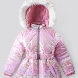 Babyhug Woven Full Sleeves Hooded Puffer Jacket with Detachable Hood & Solid Colour - Pink-picture-24