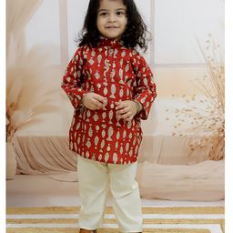 BownBee Pure Cotton Full Sleeves  Fish Printed  Kurta Pyjama - Maroon-image-59