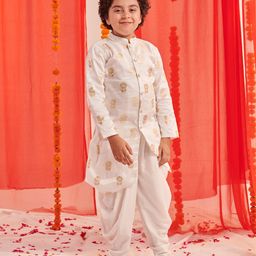 Pspeaches Full Sleeves Floral Foil Printed Kurta With Dhoti - White-image-37