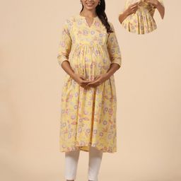 CRAFIQA Three Fourth Sleeves Floral Printed Maternity Kurta With Concealed Zipper Nursing Access - Yellow & Pink-image-22