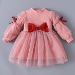 Kookie Kids Full Sleeves Solid Colour Corduory Party Frock with Bow Applique - Light Pink-picture-11