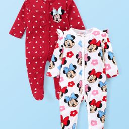Babyhug Disney Single Jersey Full Sleeves Sleep Suit With Minnie Mouse Print Pack of 2 - Red & White-image-38