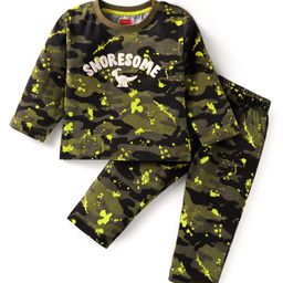 Babyhug Cotton Knit Full Sleeves Night Suit with Dino Print & Text - Dark Green Olive Green-image-37