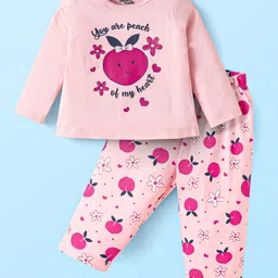 Doodle Poodle 100% Cotton Knit Full Sleeves Night Suit With Apple & Floral Print - Pink-picture-3