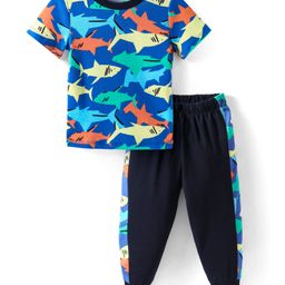 CrayonFlakes Cotton Half Sleeves Fish Printed Tee With Joggers Set - Blue-image-4