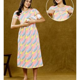True Shape Embosis Hoseiry Half Sleeves Abstract Printed Maternity Dress With Zipless Nursing Access - Grey-image-85