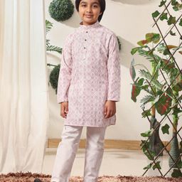 P-MARK Cotton Full Sleeves Floral Printed Threadwork Embroidered & Sequins Embellished Kurta Pyjama Set - Pink-picture-17