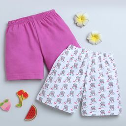 Bumzee Cotton Knit Above Knee Length Shorts with Teddy Bear Print Pack of 2 - Purple & White-image-48