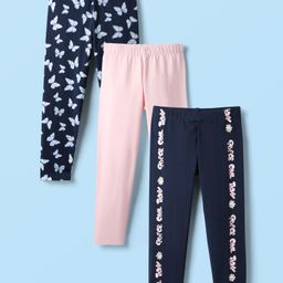 Kookie Kids Cotton Spandex Knit Full Length Solid & Butterfly Printed Leggings Pack of 3 - Navy Blue & Pink-image-76