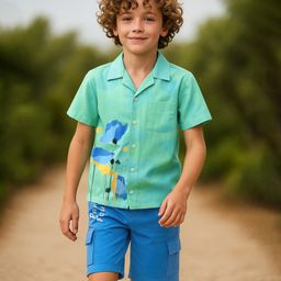 Ollington St. Cotton Floral Printed Half Sleeves Shirt & Shorts Set - Sea Green & Blue-image-74