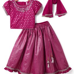 Babyhug Woven Half Sleeves Floral Embroidery Choli Lehenga Set & Dupatta With Chevron Design & Lace Detailing - Fuschia-image-95
