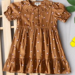 Bella Moda Cotton Half Puffed Sleeves Solid Dress - Brown-image-98