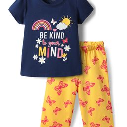 HoneyHap Premium Cotton Knit Half Sleeves Capri Night Suit With Bio Finish Text & Butterfly Print - Navy Peony & Snapdragon-image-41