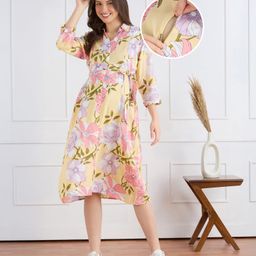 Bella Mama Viscose Woven Three Fourth Sleeves Maternity Dress with Pocket & Floral Print - Beige-picture-15