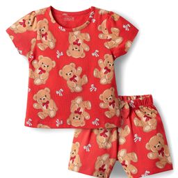 Babyhug Cotton Knit Half Sleeves Co-ords Shorts Night Suit with Bear Print - Red-image-101