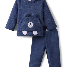 Babyhug Fur Knit Full Sleeves Top & Pant Winter Wear Suit Set with Kangaroo Pocket & Teddy Print Applique - Navy Blue-image-32