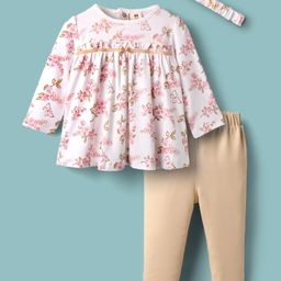 ToffyHouse Interlock Knit Full Sleeves Floral Printed Top & Leggings Set with Headband & Bow Applique - White & Beige-picture-42