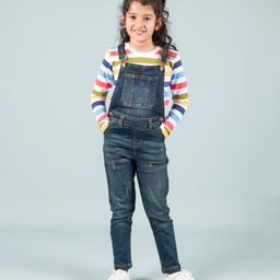 tweeny mini Denim Woven Mild Washed & Distressed Dungaree With Full Sleeves Striped Tee - Dark Blue-image-59