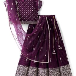 Pine Kids Woven Half Sleeves Choli Lehenga Set with Dupatta & Sequin Detailing - Wine-picture-2