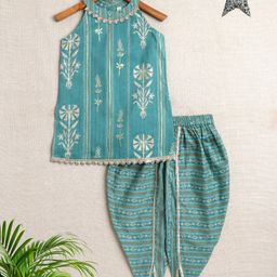 The Magic Wand Woven Sleeveless Floral Foil Printed & Gota Lace Embellished Kurti & Dhoti Set - Teal Blue-image-64