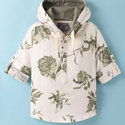 Dapper Dudes Full Sleeves Floral Printed Kurta Style Hooded Shirt - Olive Green-picture-24