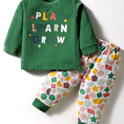 Zero Interlock Knit Full Sleeves T-Shirt & Joggers Set with Play Learn Grow Text Print - Green & White-picture-44