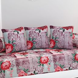 HOME AFFAIRS 6-Pcs Grey & Red Printed Cotton 220 Thread Count Cotton Single Diwan Set image 5