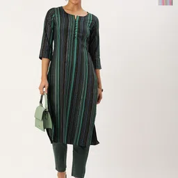 KALINI Selection of 2 Striped Notch Neck Straight Kurtas with Trousers-12