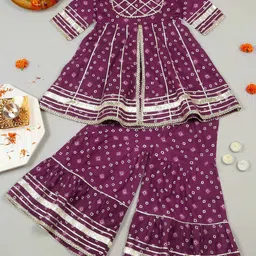 LITTLE GINNIE Girls Bandhani Printed Gotta Patti Pure Cotton Kurti with Sharara-picture-39