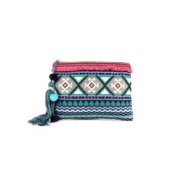 ASTRID Blue Textured Cotton Makeup/travel Pouch With Tassels-picture-2