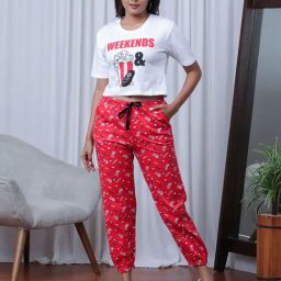 Slumber Jill Red & White Printed Cotton Top With Lounge Pants-picture-1