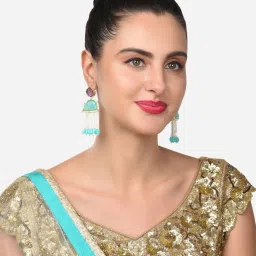 Zaveri Pearls Turquoise & Purple Stone Embellished Beaded Strings Fringe Drop Earring-ZPFK14826 image 4