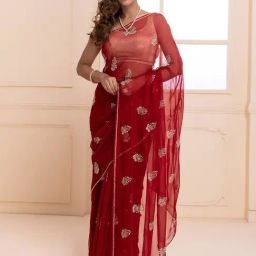 Geroo Jaipur Maroon Hand Embroidered Chiffon Saree-image-75